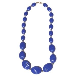 VINTAGE 60s SILVER-TONE BLUE LINED OVAL FLAT STONED SHELLED 24" NECKLACE